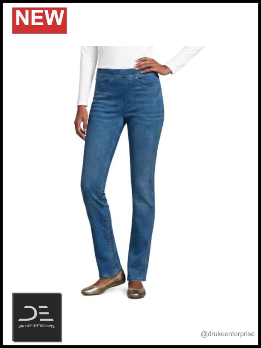 Women's High Rise Pull-On Straight Leg Knit Denim Jeans with Pockets